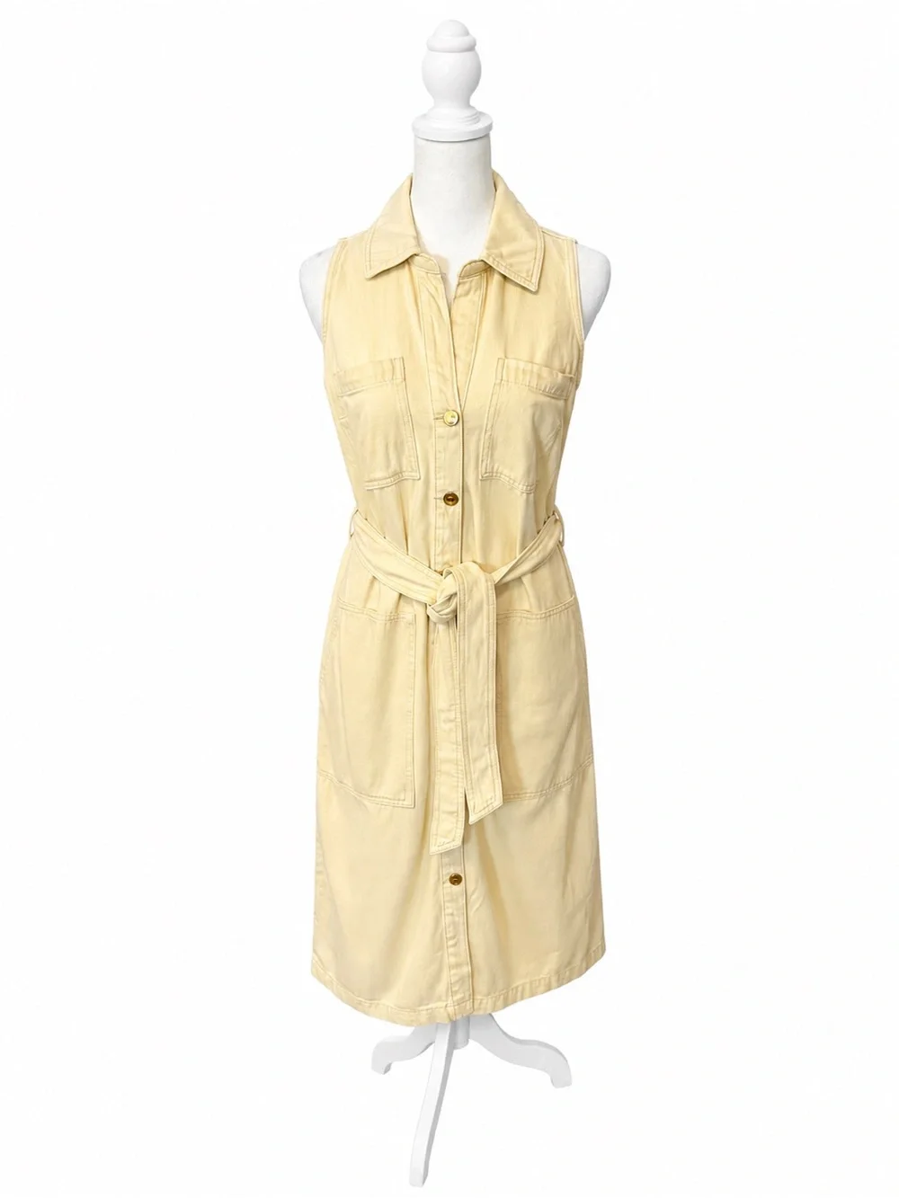 Michael Kors Sleeveless Button-Front Belted Shirt Dress in Pale Yellow